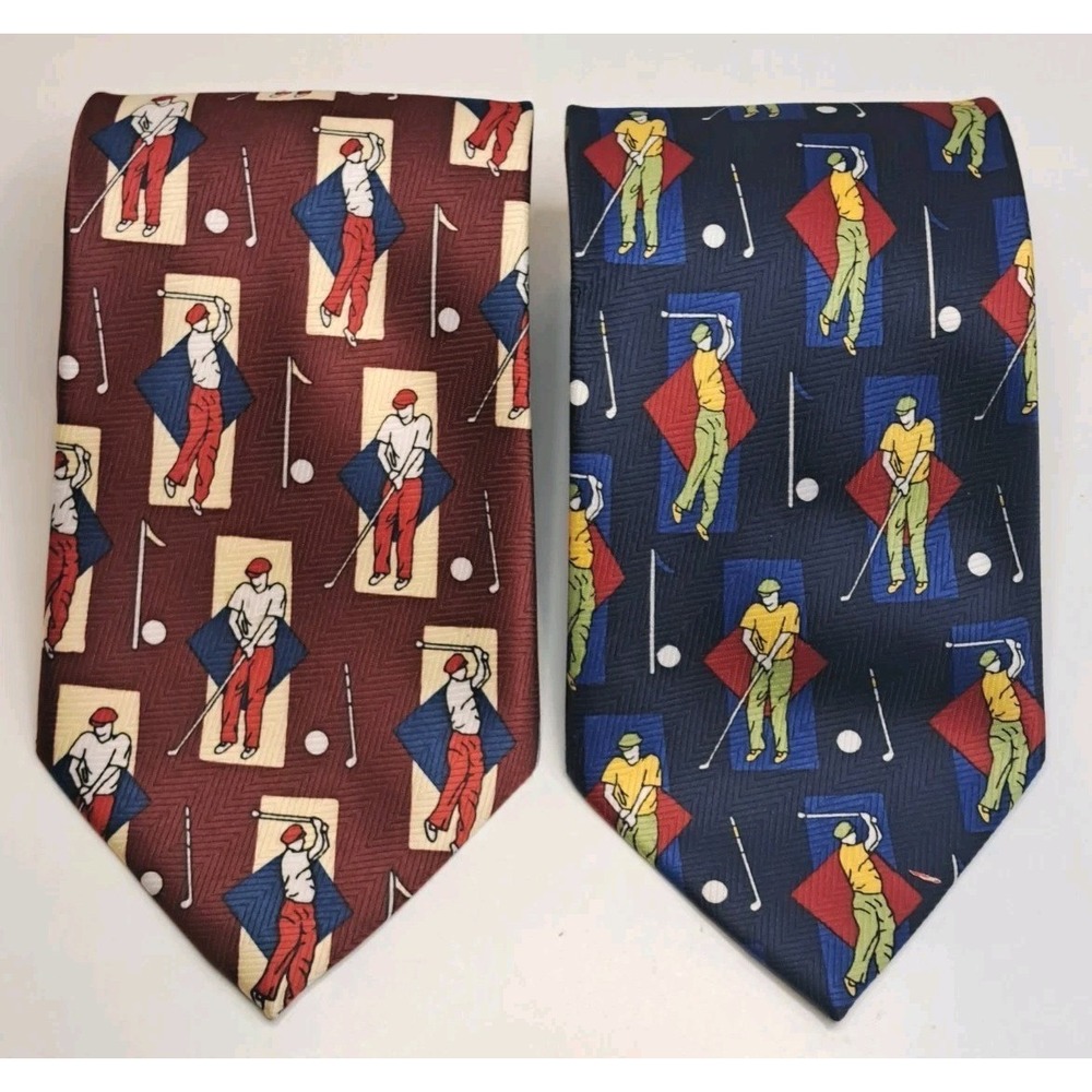 Vtg Uomo Venetto Golf Ties (2) Mens 59" Polyester Made In Korea‎ Dad Golfer Gift